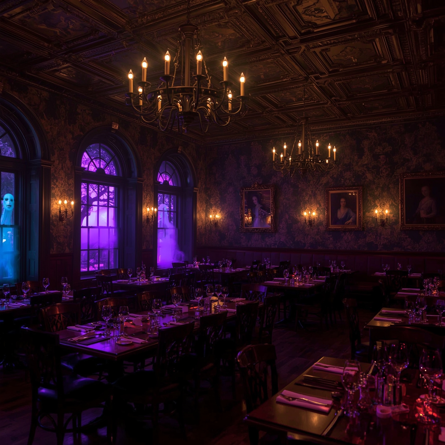 Interior of the Manor. Dimly lit haunted Victorian-style manor interior